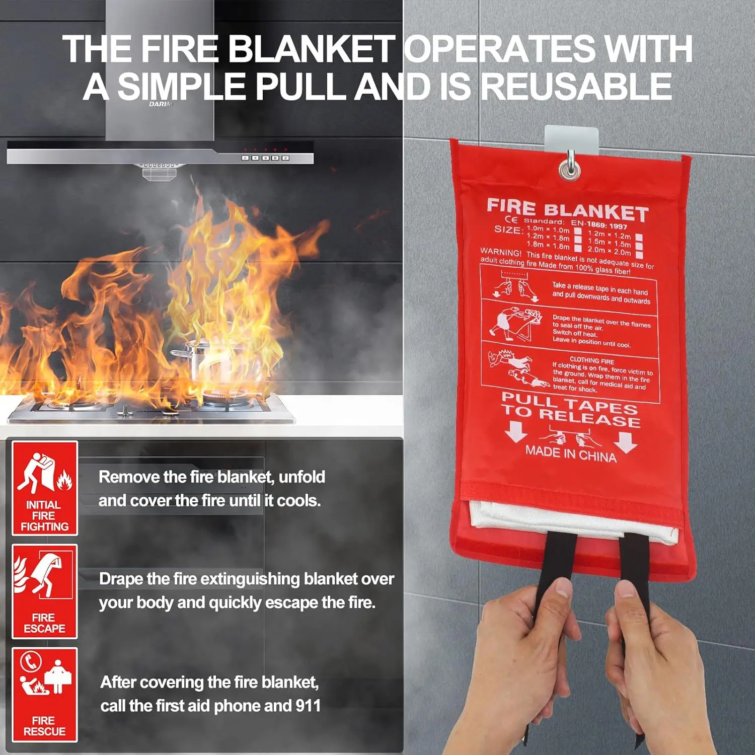 Emergency Fire Blanket Fiberglass Flame Retardant Suppression Blanket for Home Kitchen Safety Survival Cover - Image 5